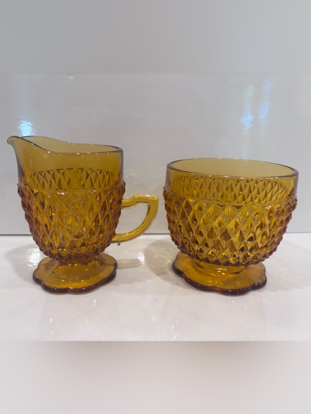 Vintage Amber Pressed Glass Creamer & Sugar Bowl Set – Diamond Point Pattern